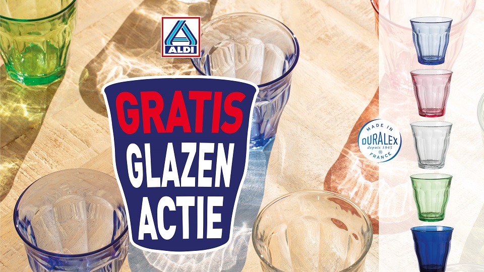 Spaaractie voor gekleurde Duralex glazen bij Aldi in Nederland