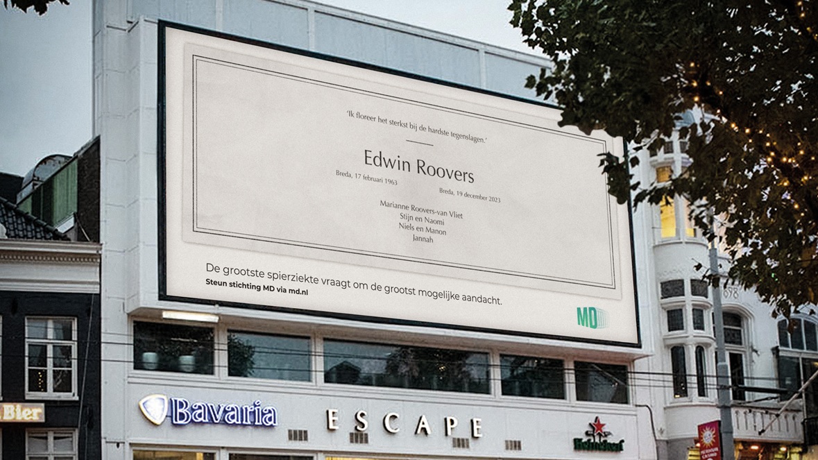 Gigantische rouwadvertenties op straat vragen aandacht voor MD